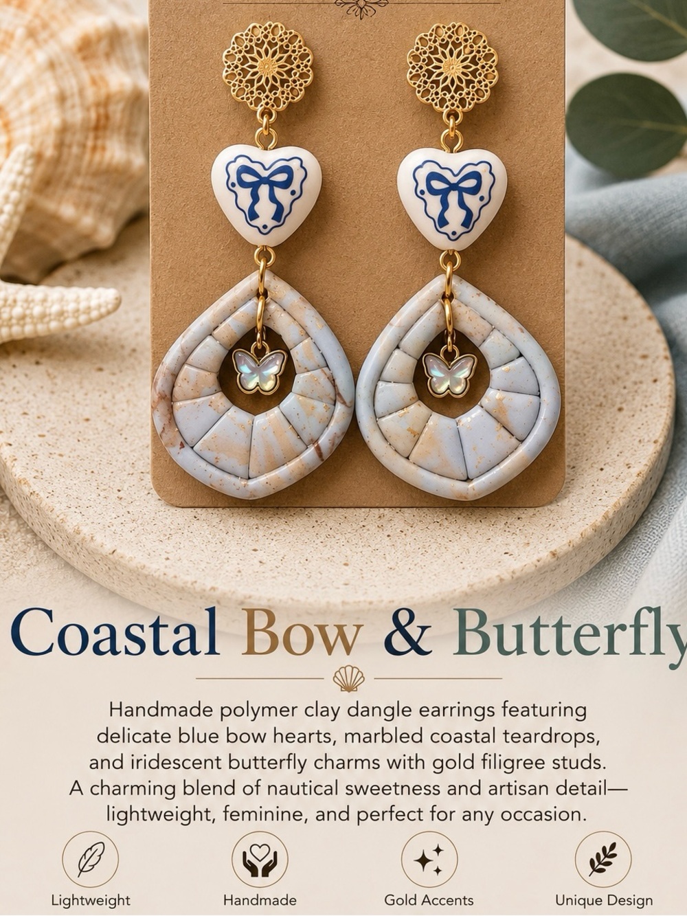 Coastal Blue Bow & Butterfly Dangle Earrings